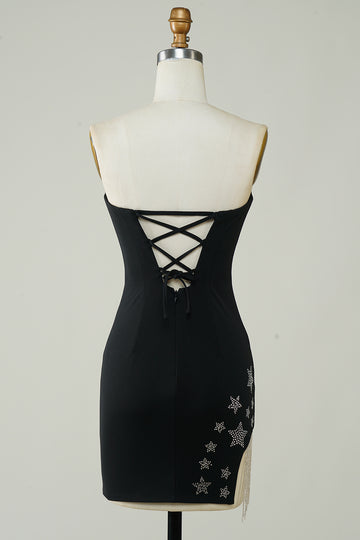 Stylish Sheath Strapless Black Short Homecoming Dress with Tassel